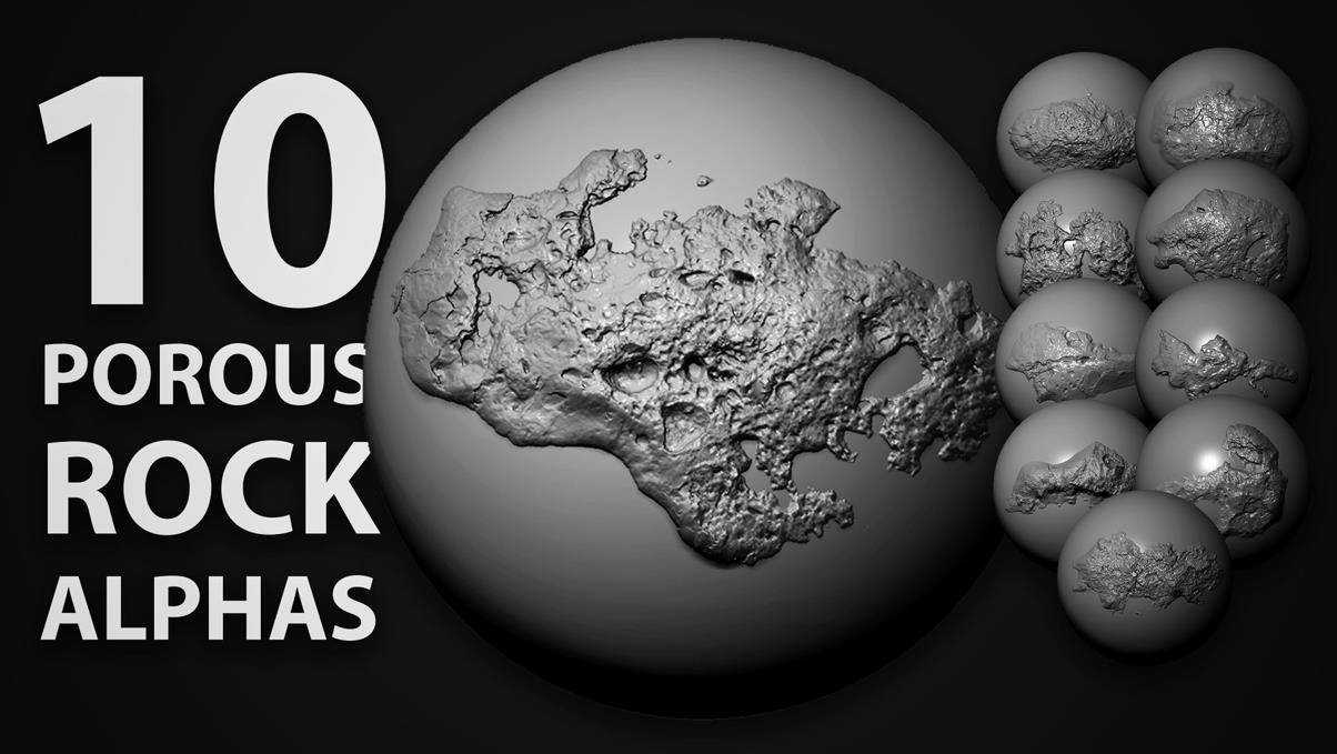 zbrush128多孔岩石碎石火山岩Alpha笔刷&山脉山谷石头表面雕刻