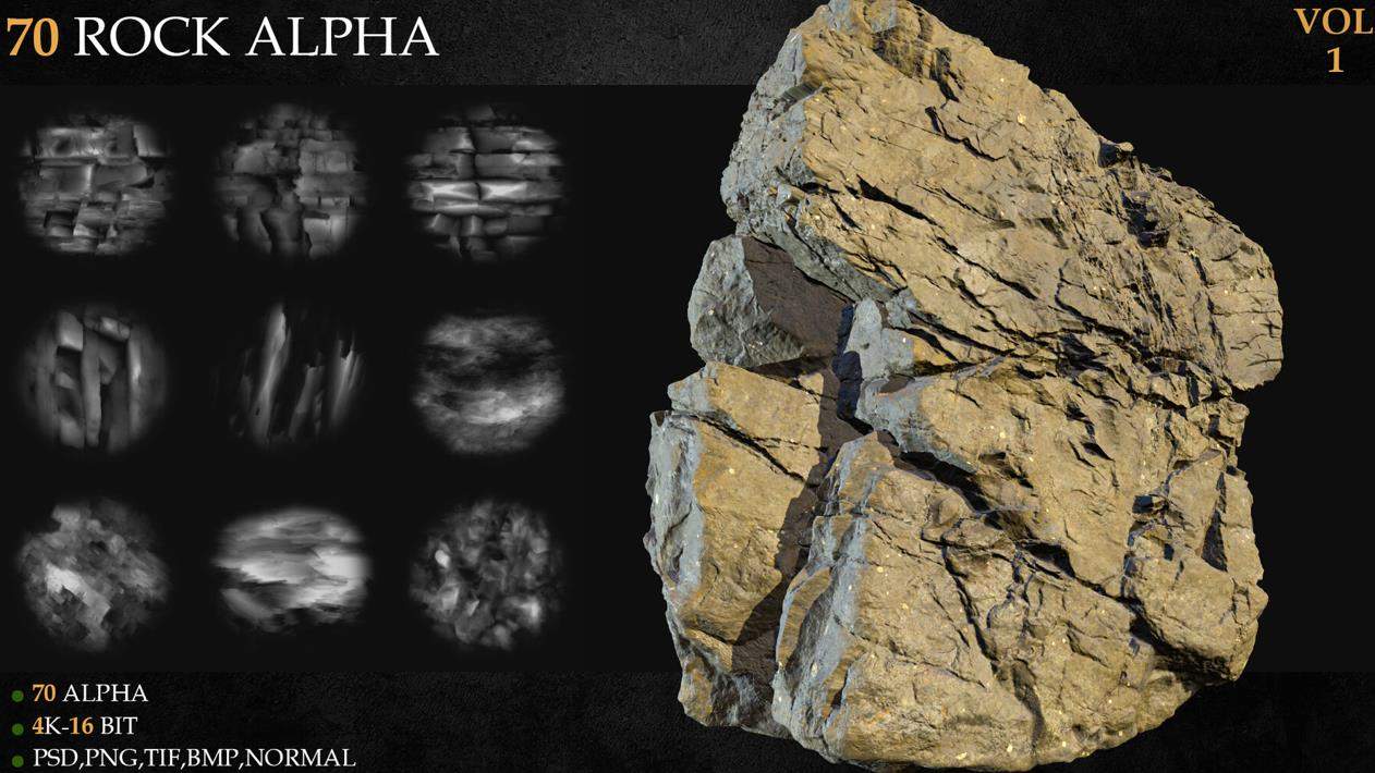 zbrush132岩石裂纹缝隙alpha高度图&地面墙壁石头开裂破损PSD笔刷