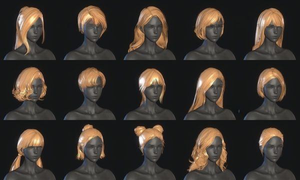 45个Max卡通男女角色发型模型&头发丸子头辫子直发