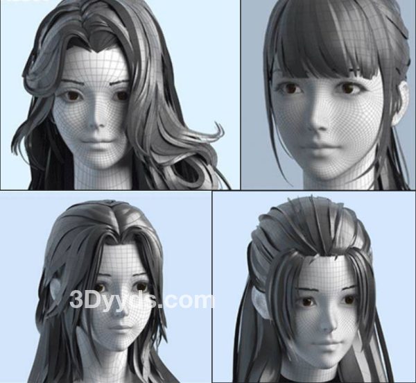 女孩女性大波浪古风头发毛发模型（MAX/C4D/FBX/OBJ）