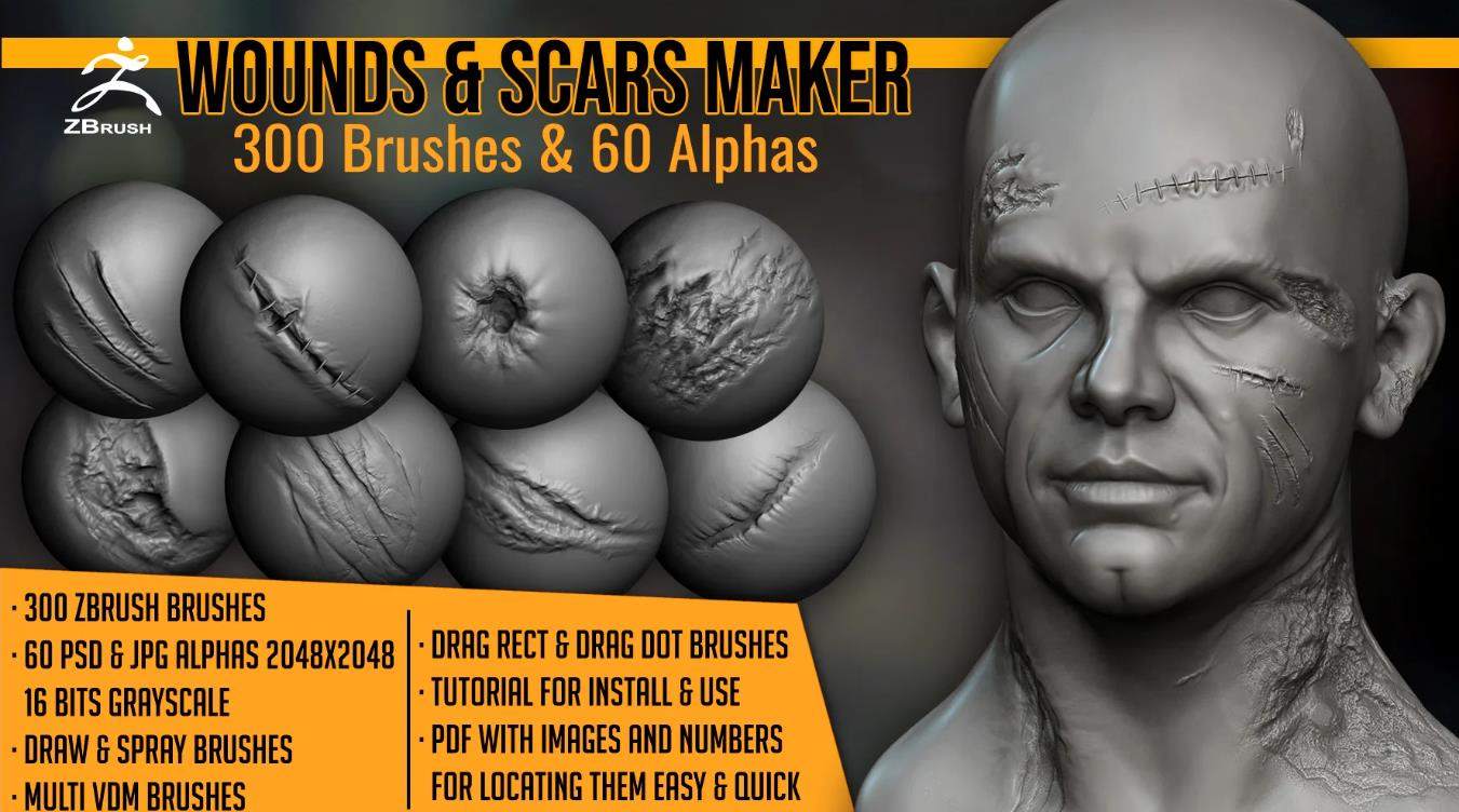 zbrush129皮肤伤痕纹理笔刷&伤口疤痕瘢痕疙瘩烧伤痕雕刻