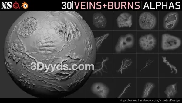 zbrush135男性皮肤表面伤疤烧伤疤痕细节雕刻笔刷&人体皮肤溃烂