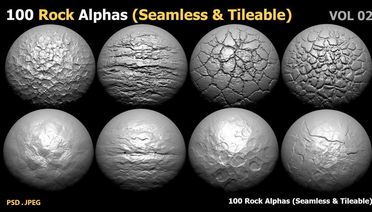 zbrush147岩石地面无缝Alpha贴图&岩石细节破损裂隙雕刻笔刷