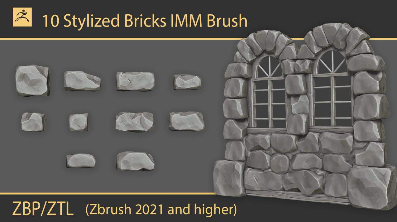 zbrush163卡通砖墙墙壁房屋建筑立面砖块雕刻笔刷&卡通石头房屋制作