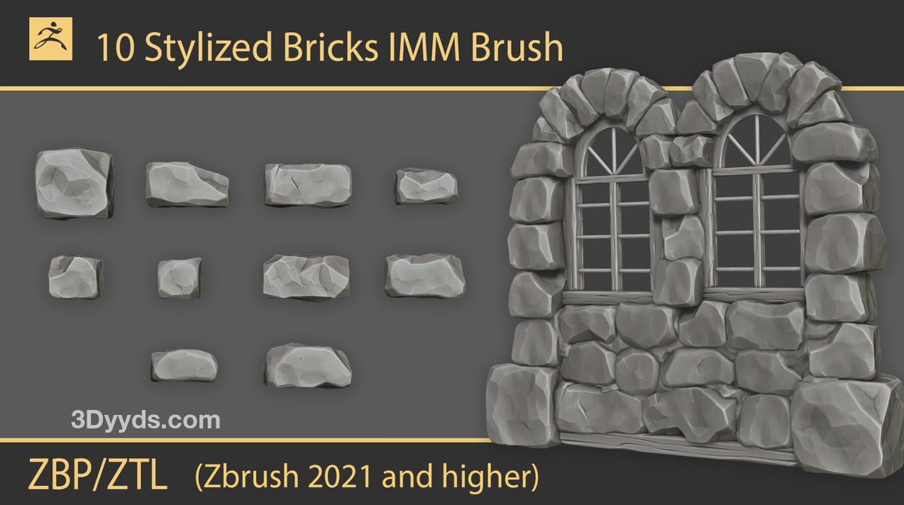 zbrush163卡通砖墙墙壁房屋建筑立面砖块雕刻笔刷&卡通石头房屋制作