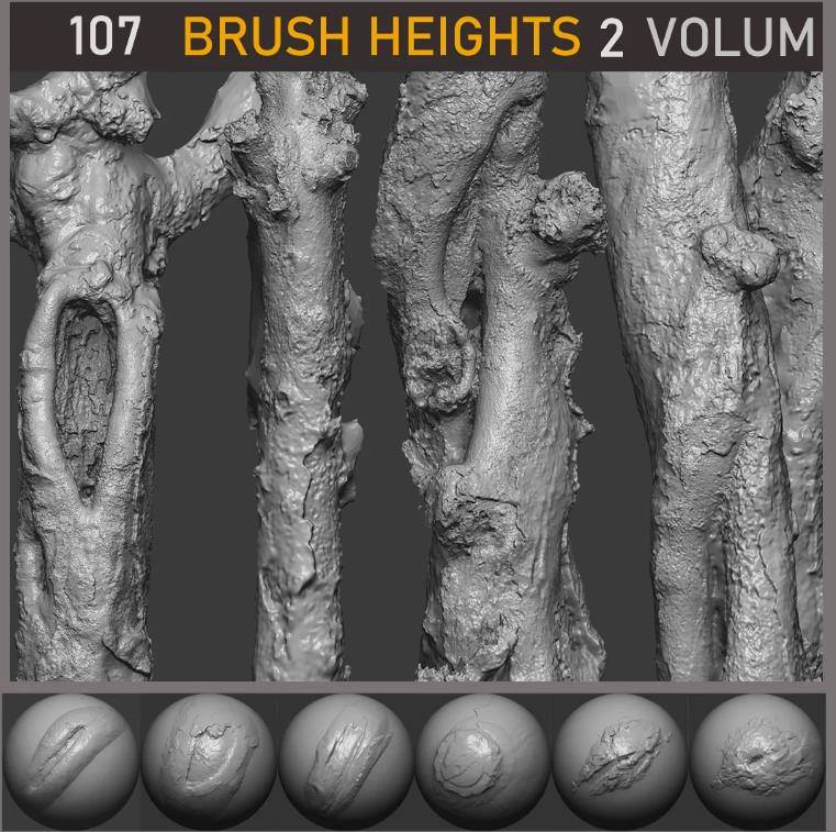 zbrush169树枝树干躯干粗糙树皮褶皱雕刻笔刷zbp&树木木纹