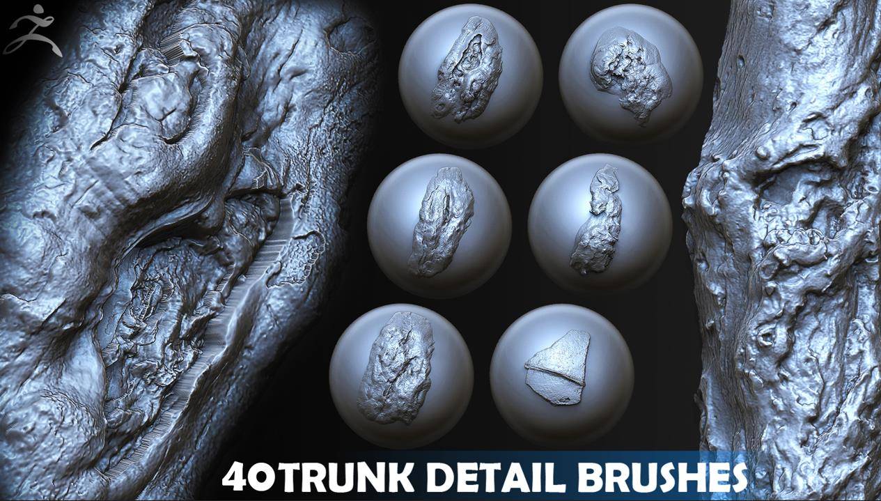 zbrush184树干树枝树皮表面细节雕刻笔刷zbp&疙瘩纹理