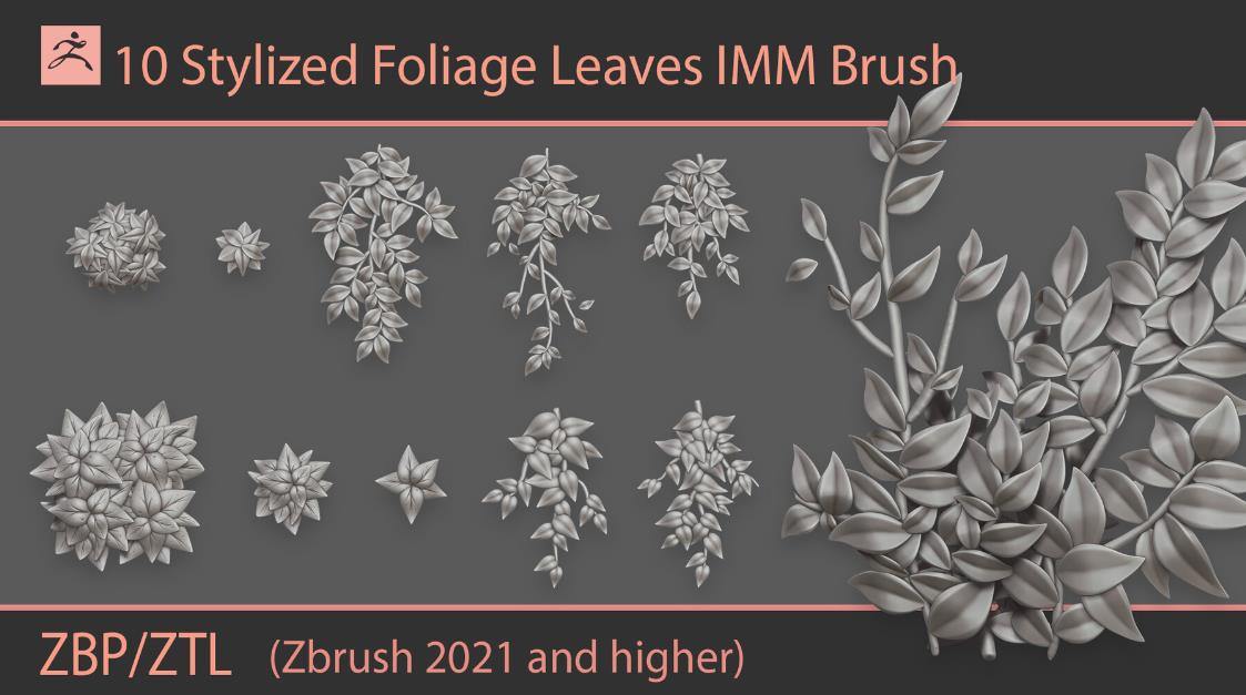 zbrush187卡通风格化动漫树叶植物叶子ztl模型zbp雕刻笔刷