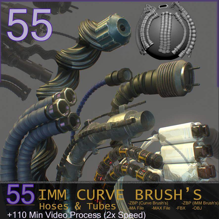 zbrush218电缆电线软管IMM插入笔刷&水管工业机械导管雕刻视频
