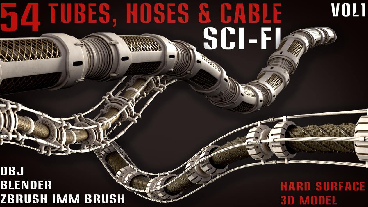 zbrush248高科技金属科幻软管电缆电线细管笔刷&Blender管道硬面模型