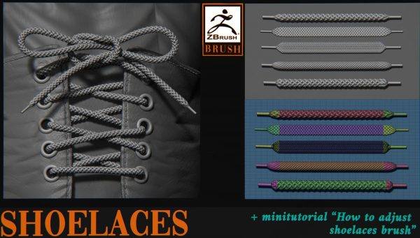 zbrush258圆形扁形编织鞋带笔刷&鞋子模型雕刻zbp