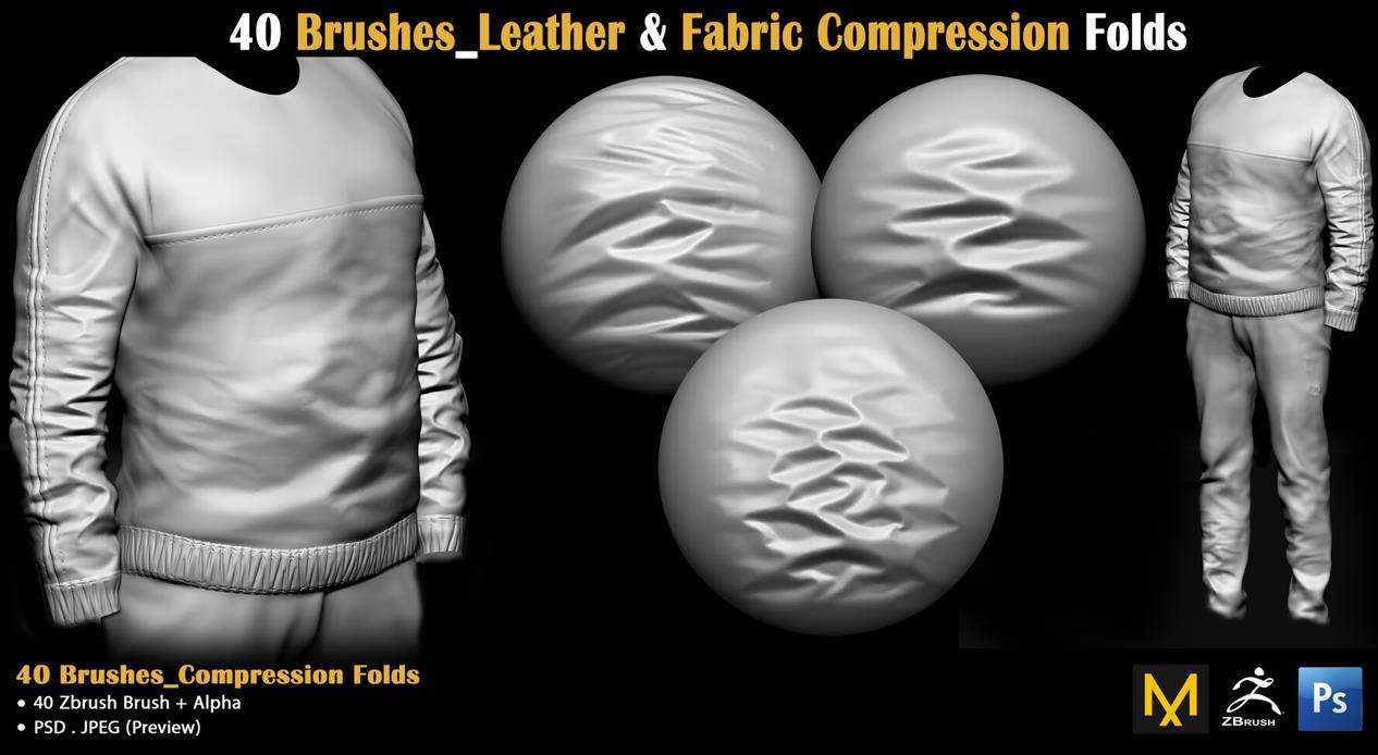 zbrush263皮革布料面料衣服褶皱雕刻笔刷&衣服压痕