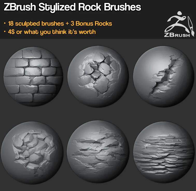 zbrush160石头岩石墙壁缝隙雕刻笔刷&山体凹凸破损砖瓦