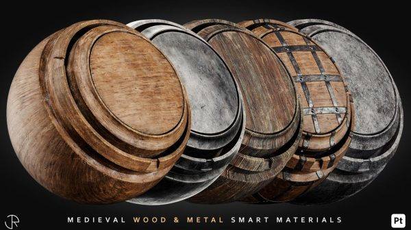 sp材质187中世纪木头金属智能材质球&生锈铁矿黄金木桶