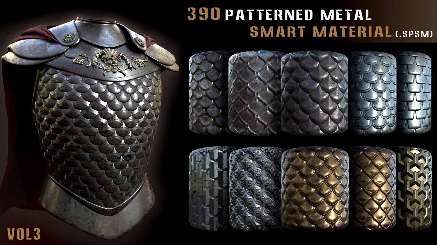 sp材质210金属鳞片装甲盔甲智能材质球&鳞甲材质