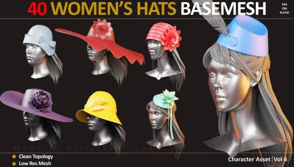 Blender女性帽子头饰3D模型C4D优雅女士帽
