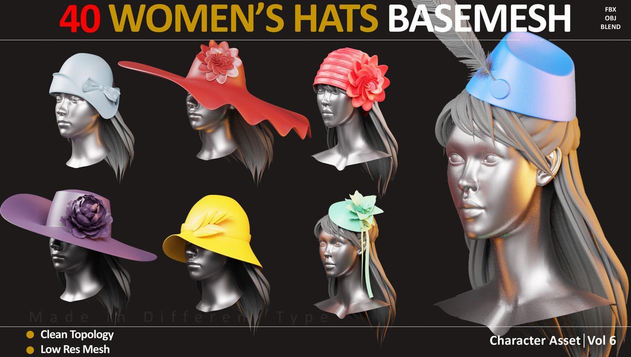 Blender女性帽子头饰3D模型C4D优雅女士帽