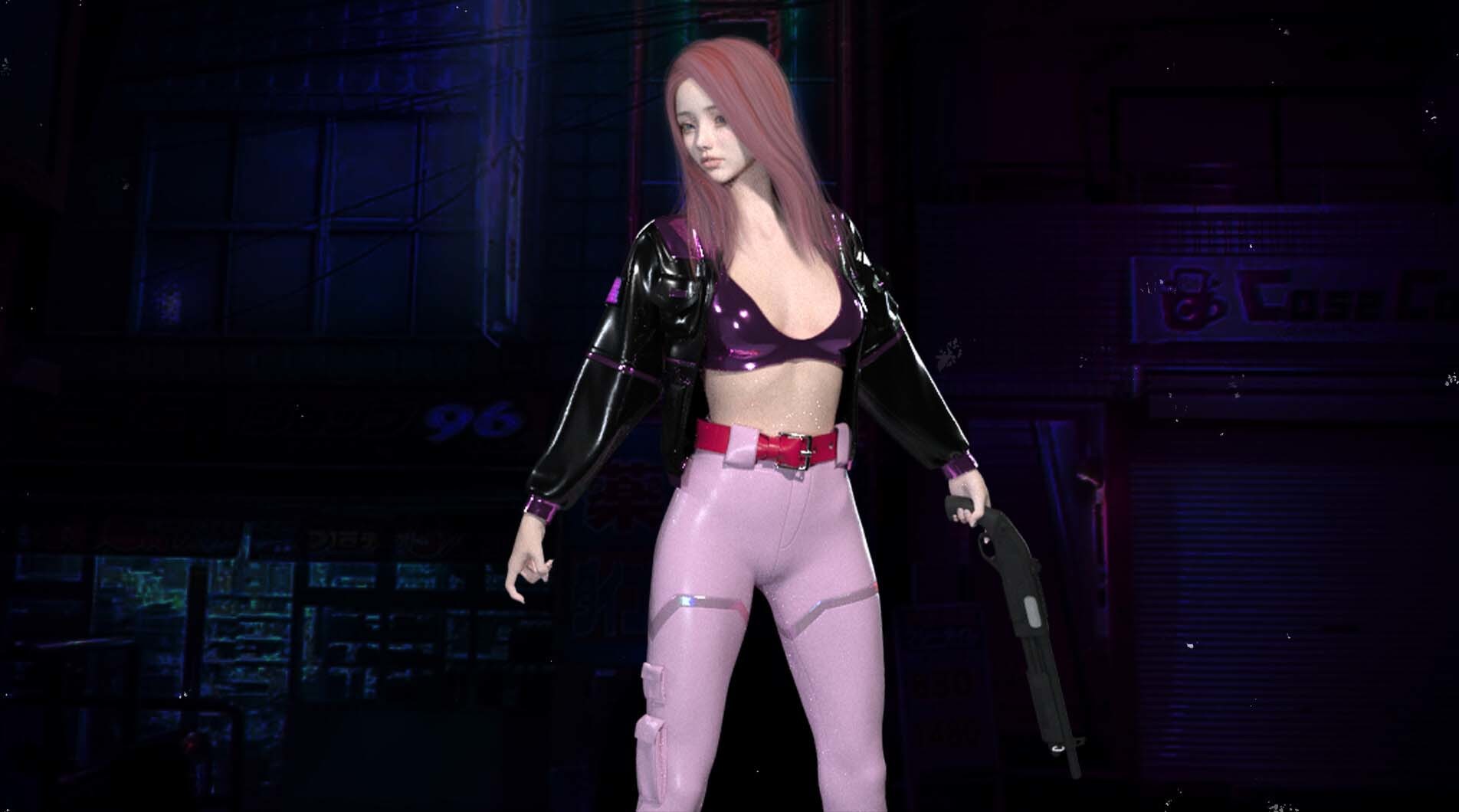 MD180赛博朋克女枪手套装皮夹克皮裤