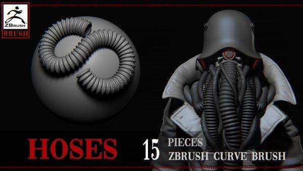 zbrush312-15款机械机器人软管管道科幻防护人物雕刻笔刷
