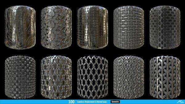 zbrush314-100款硬表面几何图案无缝平铺科幻Alpha笔刷tif贴图