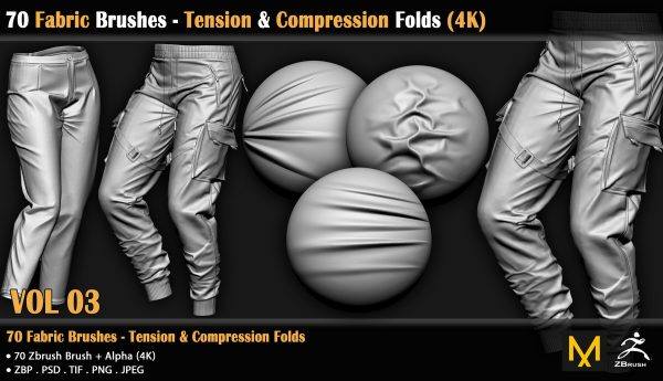 zbrush322-70个衣服布料织物折痕压痕服装褶皱Alpha笔刷纹理