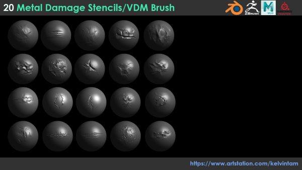 zbrush334-20款金属损坏凹痕撕裂做旧画笔雕刻笔刷alpha贴图