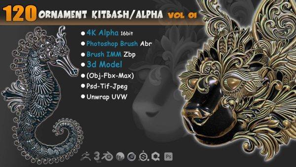 zbrush341欧式复古雕花首饰装饰花纹饰品笔刷alpha