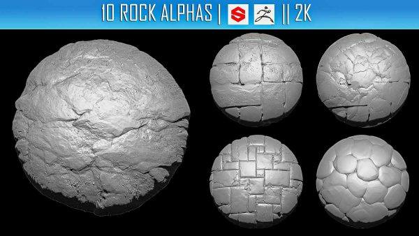 zbrush367-10组岩石表面磨损砖块碎裂纹理Alpha贴图