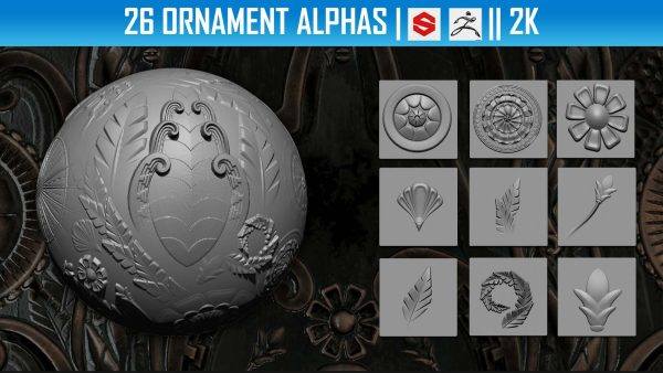 zbrush383-26个装饰性草木花朵树叶图案花纹Alpha贴图