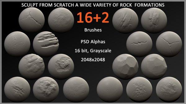 zbrush396-16款山地岩石石块雕刻笔刷