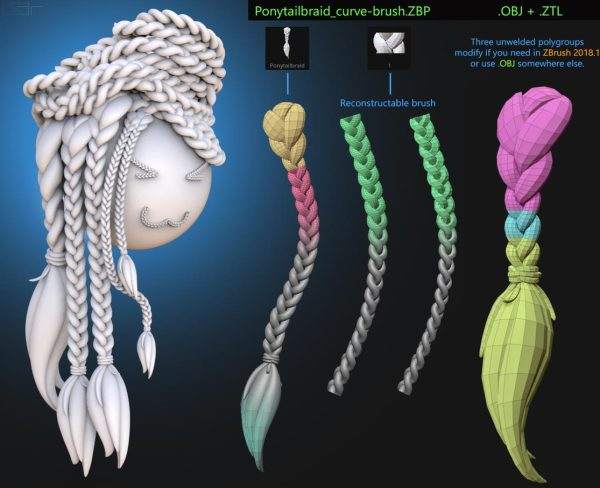 zbrush398头发辫子马尾辫笔刷