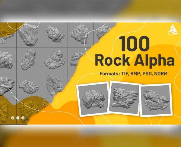 zbrush-100款山崖石头岩石块Alpha笔刷2K贴图