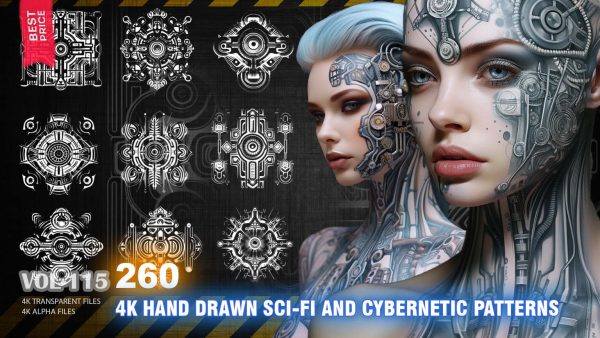 sp材质319-260款手绘科幻花纹图案Alpha4K高清灰度贴图