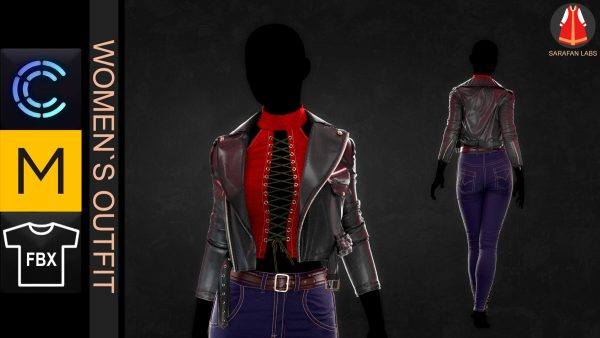 MD299-CLO3D女性紧身仔长裤子皮夹克上衣服装3D模型zprj