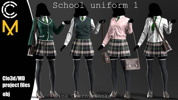 MD320Clo3d女生学院风服装格子短裙套装学生校服zprj制服obj模型