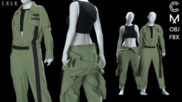 MD323CLO3D女性军绿色工装服套装内衣工作服FBX模型