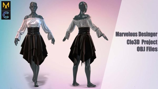 MD324-Clo3d时尚一字领上衣伞裙子公主裙礼服ZPRJ服装OBJ