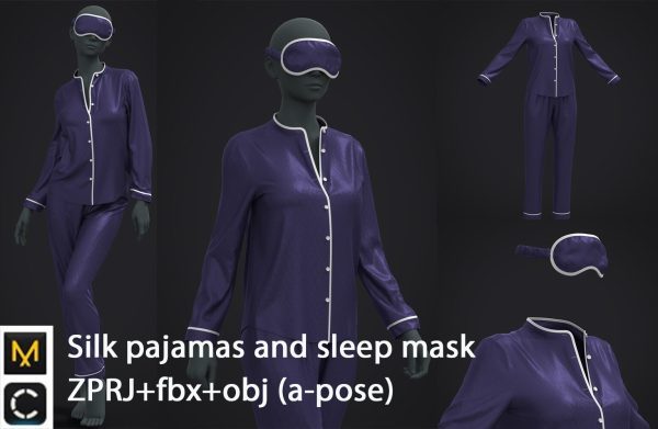 MD325CLO3D女士简约绸缎睡衣套装眼罩ZPRJ服装OBJ模型FBX