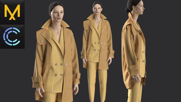 MD338-Clo3d欧美女式大衣风衣外套冬季套装ZPRJ服装FBX模型OBJ