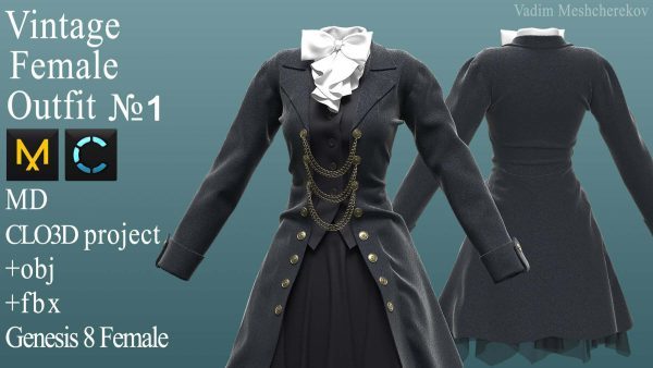 MD343Clo3D女性复古连衣裙子爵士礼服zprj服装FBX模型OBJ