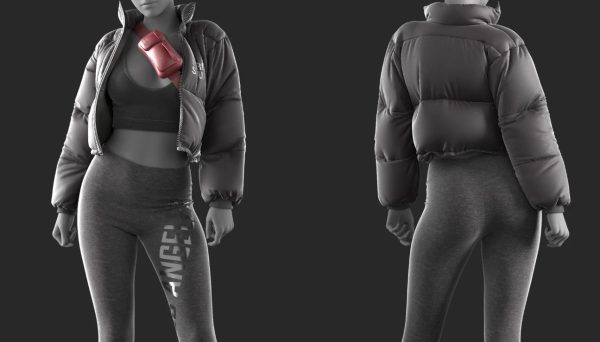 MD345-Clo3D女性时尚羽绒服瑜伽裤挎包套装ZPRJ服装FBX模型OBJ