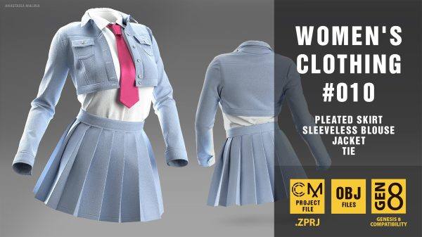 MD350元气美少女夹克裙子衬衫领带OBJ模型zprj服装CLO3D