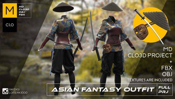 MD357-CLO3D日式日本女武士人物面具草帽衣服模型zprj服装