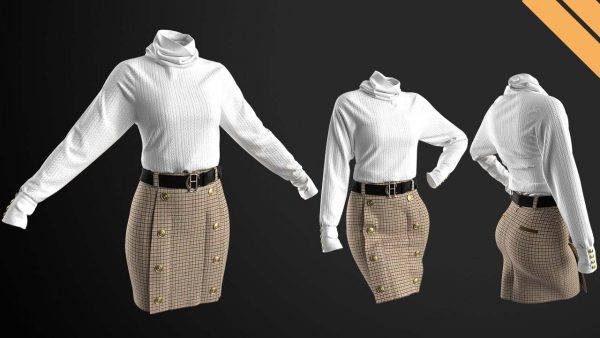 MD374-CLO3D复古女装高领毛线衣铅笔裙3D模型zprj服装OBJ