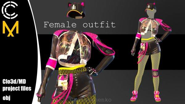 MD376-Clo3D性感女装夜店装透明夹克皮短裤网袜子zprj服装模型