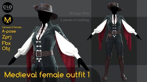 MD388-中世纪女士牛仔衣服裤子皮带帽子皮靴装备套装