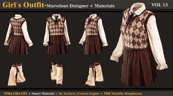 MD406复古长袖裙子背心服装套装配长袜