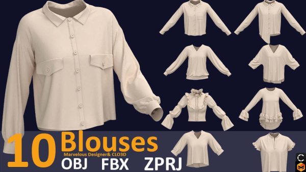 MD423-10款基本款女式衬衫上衣长袖3D模型