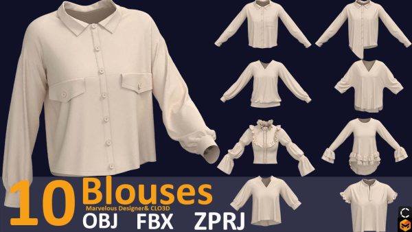 MD423-10款基本款女式衬衫上衣长袖3D模型