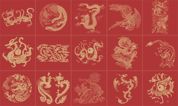 中式中国风东方龙凤凰图案花纹样PNG-通用纹理1